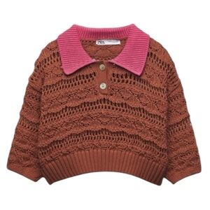 Zara Brown & Pink Cropped Knit Polo Sweater, Short Sleeve – Women’s Medium